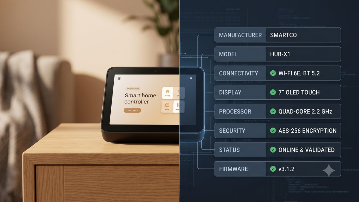 A smart home controller in a living room beside the structured view an AI agent reads: validated attributes for connectivity, display, processor, security, status, and firmware