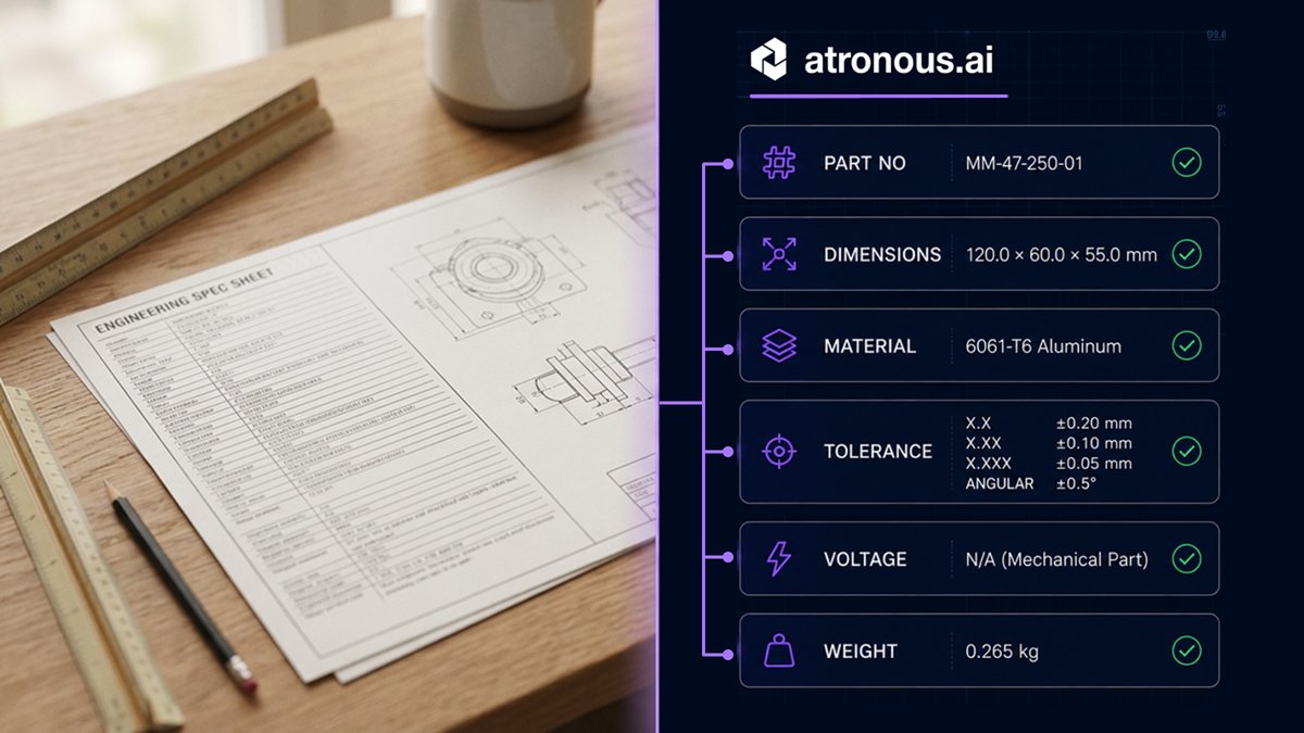 An engineering spec sheet beside the validated attributes atronous extracted from it: part number, dimensions, material, tolerances, voltage, and weight