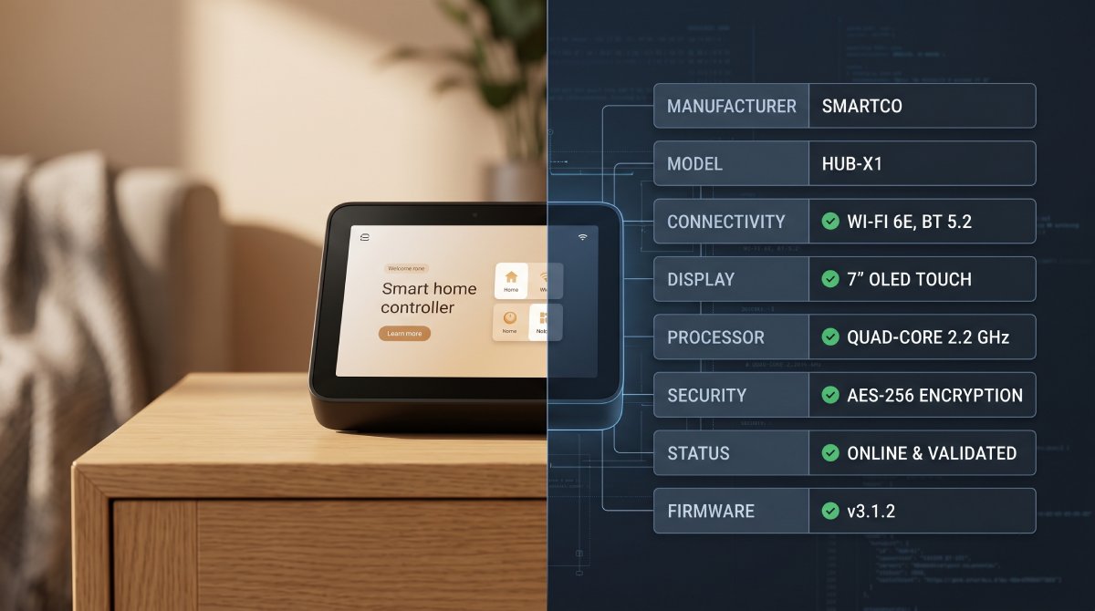 A smart home hub on a side table beside the same product shown to an AI agent as a list of validated attributes: manufacturer, model, connectivity, display, processor, security, status, and firmware.