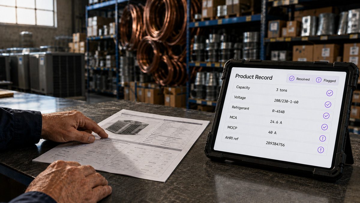 A manufacturer specification sheet open on a distributor parts counter beside a rugged tablet showing the same unit as a product record, with capacity, voltage, refrigerant, minimum circuit ampacity, maximum overcurrent protection, and an AHRI reference number marked as resolved or flagged.