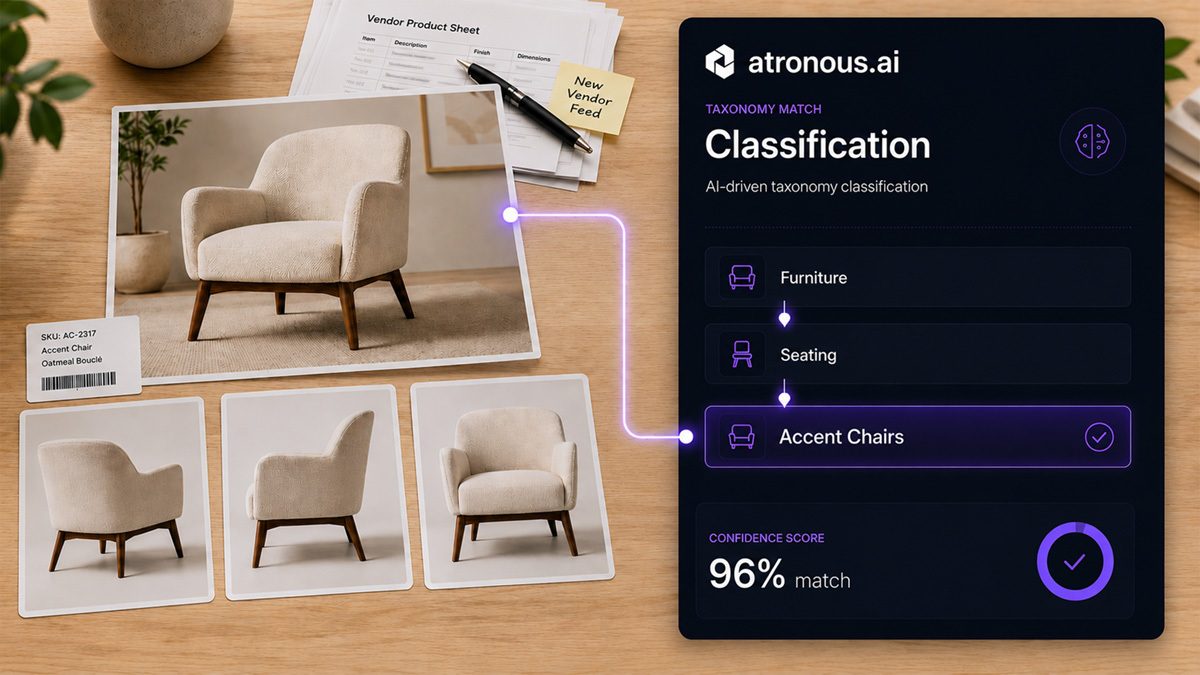 An accent chair from a vendor product sheet classified into Furniture, then Seating, then Accent Chairs, with a 96 percent confidence score.