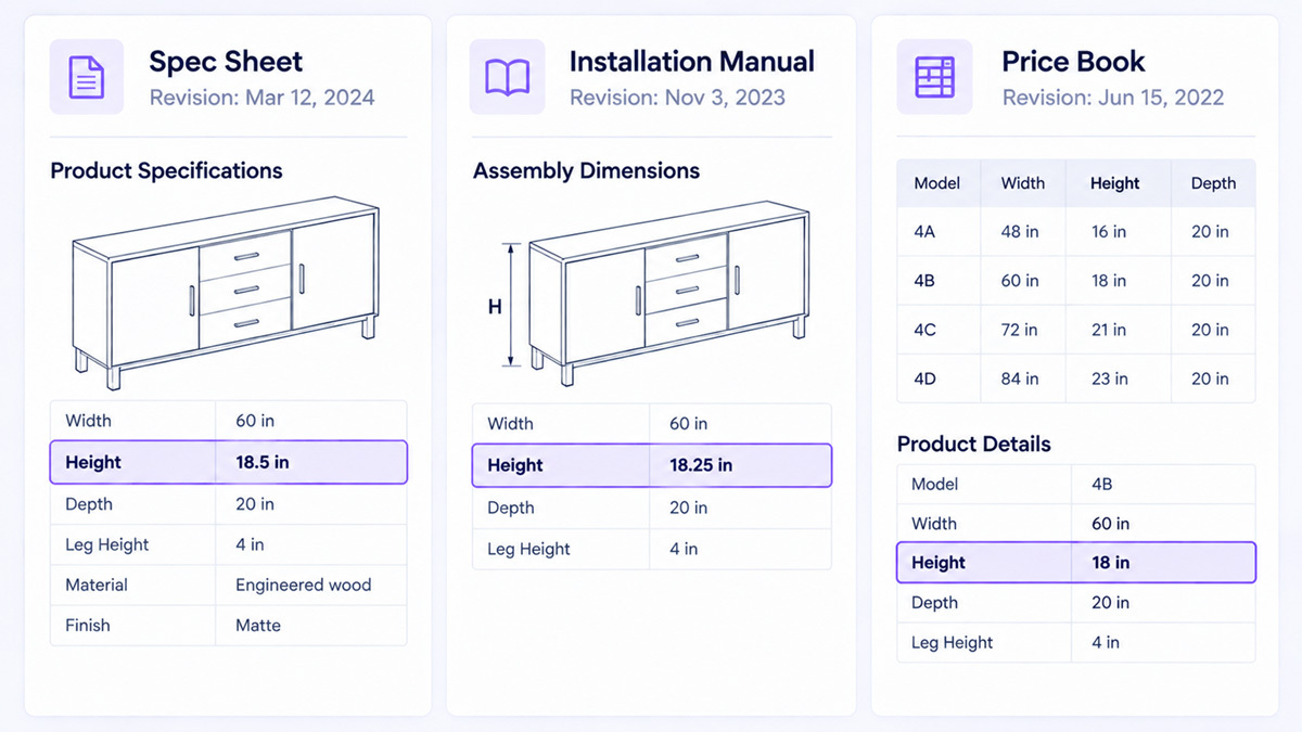 One attribute read from a spec sheet, an installation manual, and a price book, returning three different values with three different revision dates.
