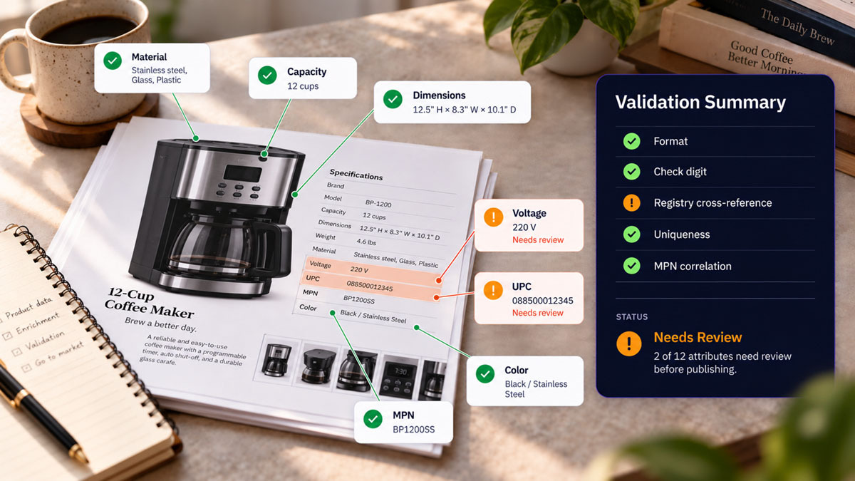 Una ficha técnica de una cafetera junto a un panel de resumen de validación que enumera controles independientes, con los valores de voltaje y de UPC señalados para su revisión.