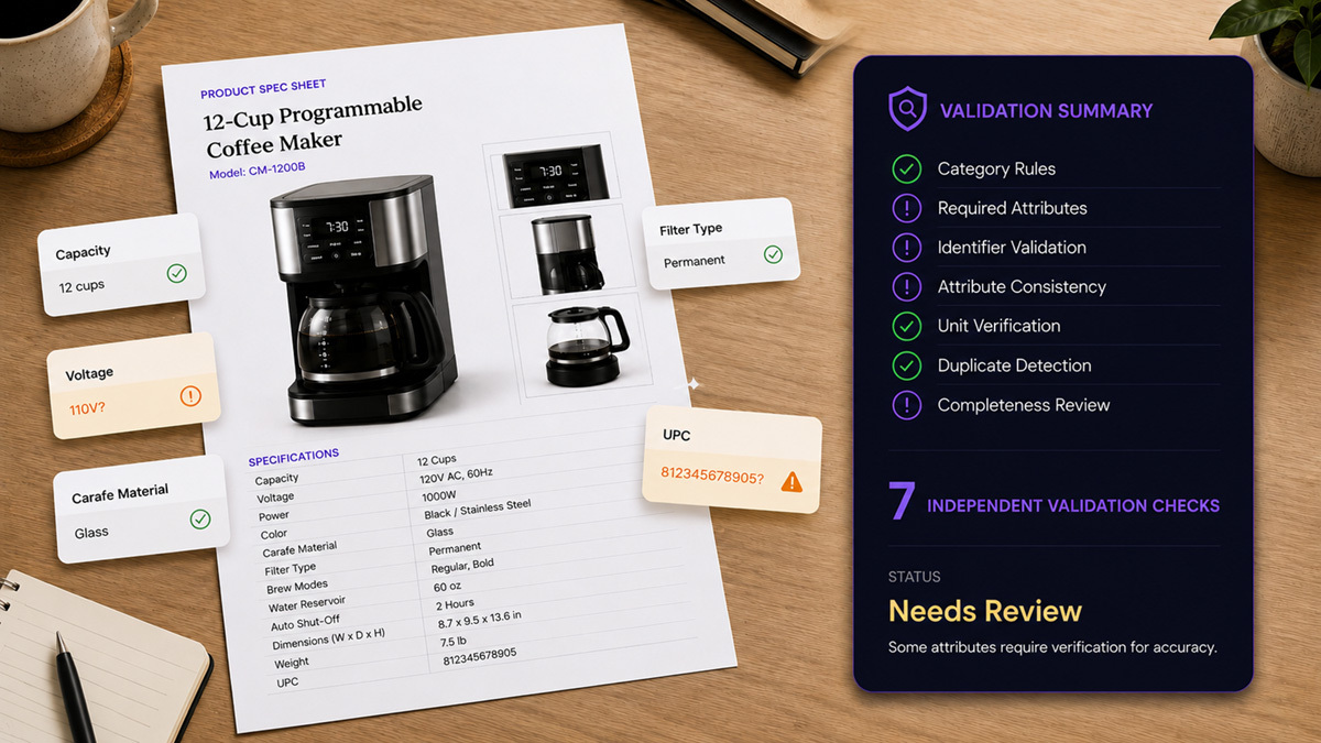 A coffee maker spec sheet beside a validation summary panel listing seven independent checks, with the voltage and UPC values flagged for review.