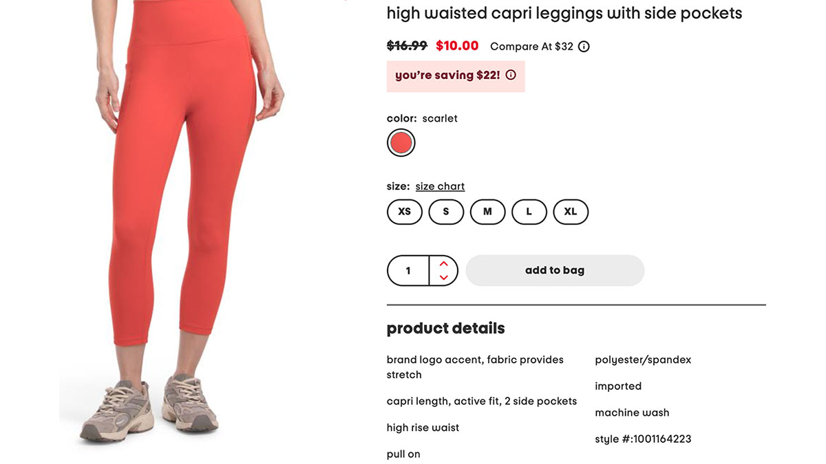 Example product listing for high-waisted capri leggings showing fit and pocket attributes alongside price, color, size options, and product details