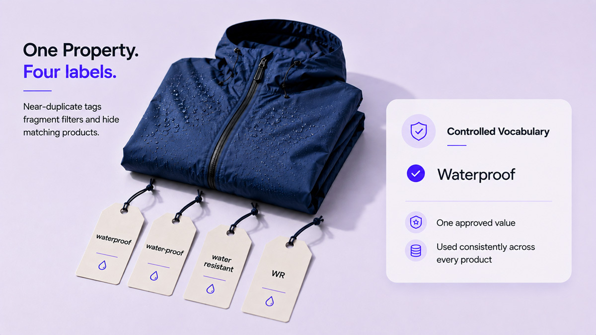 A folded navy waterproof jacket with four hang tags reading waterproof, water-proof, water resistant, and WR, beside a controlled vocabulary panel showing Waterproof as the single approved value.