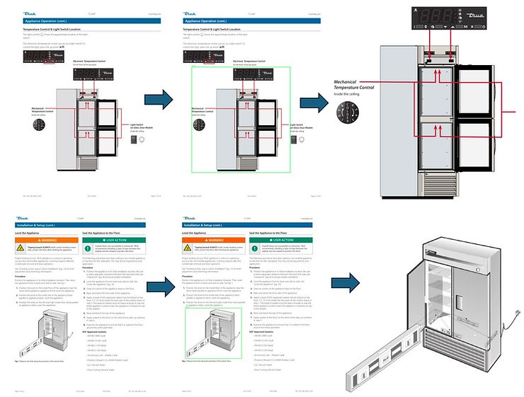 A complex product document page on the left and the clean schematic atronous extracted on the right