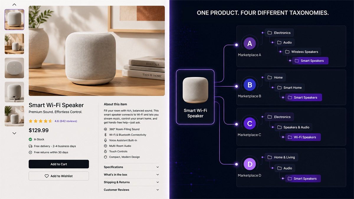 One smart speaker product page beside four different marketplace taxonomies, each filing the same product under a different category path.