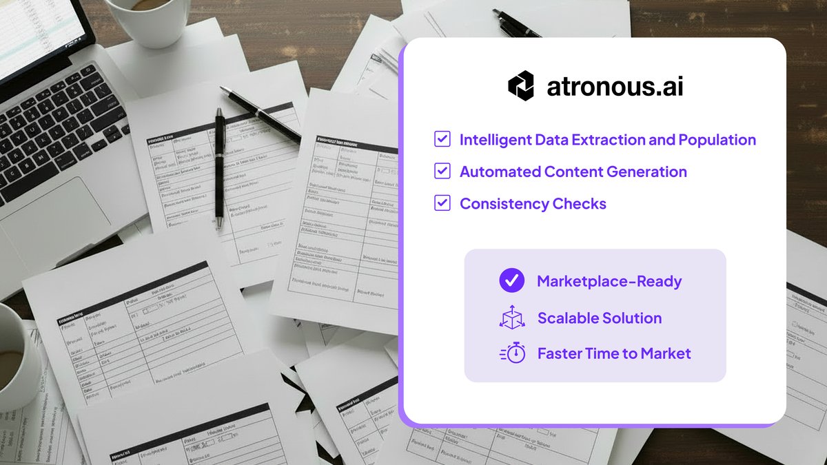 A desk covered in printed marketplace template forms beside the atronous checklist: intelligent data extraction, automated content generation, consistency checks, marketplace-ready