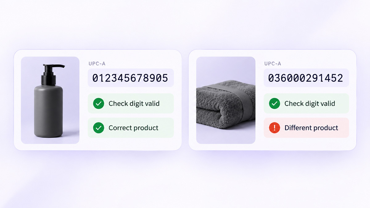 Two barcode numbers that both pass check-digit validation, one of them belonging to a completely different product.